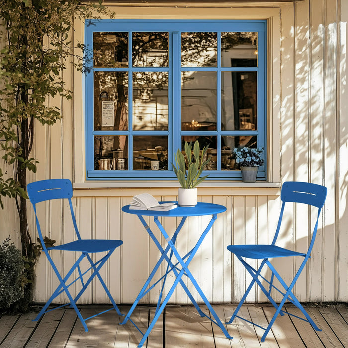 Blue outdoor table and chairs in front of a window with a wooden wall background