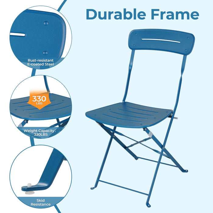 Blue folding chair with durable frame features on a light blue background