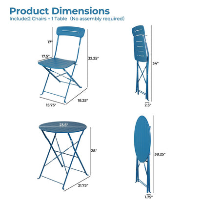 Dimensions of blue folding chairs and table on a white background