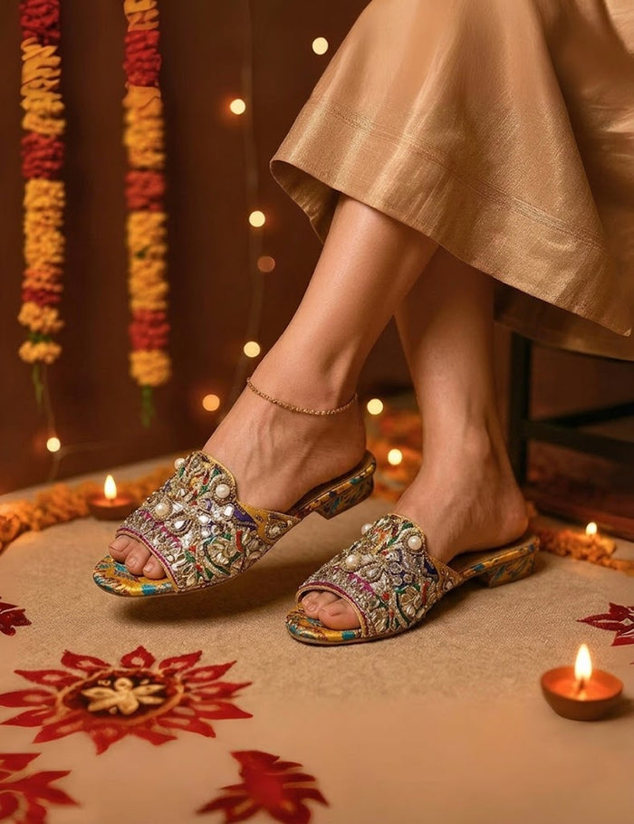 Hand-Embellished Festive Mules – Luxury Embroidered Slip-On Sandals