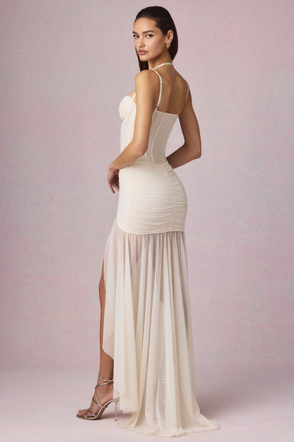 Ruched Asymmetric Corset Gown in Ivory