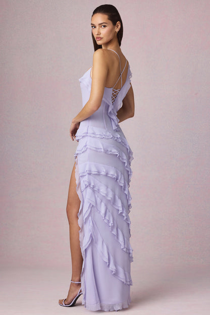 Asymmetric Ruffled Lace-Up Gown in Lilac