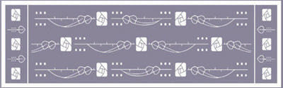 Patterned label with text and symbols on a blue background