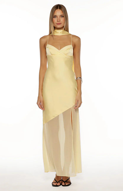 Laila Yellow Satin Scarf Formal Maxi Dress