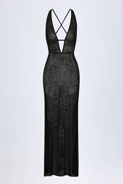 Embellished Backless Maxi Dress in Black