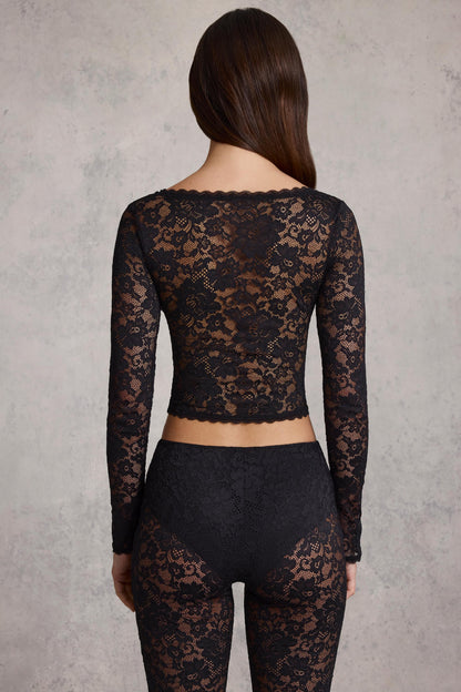 Sheer Lace Plunge-Neck Long-Sleeve Top in Black
