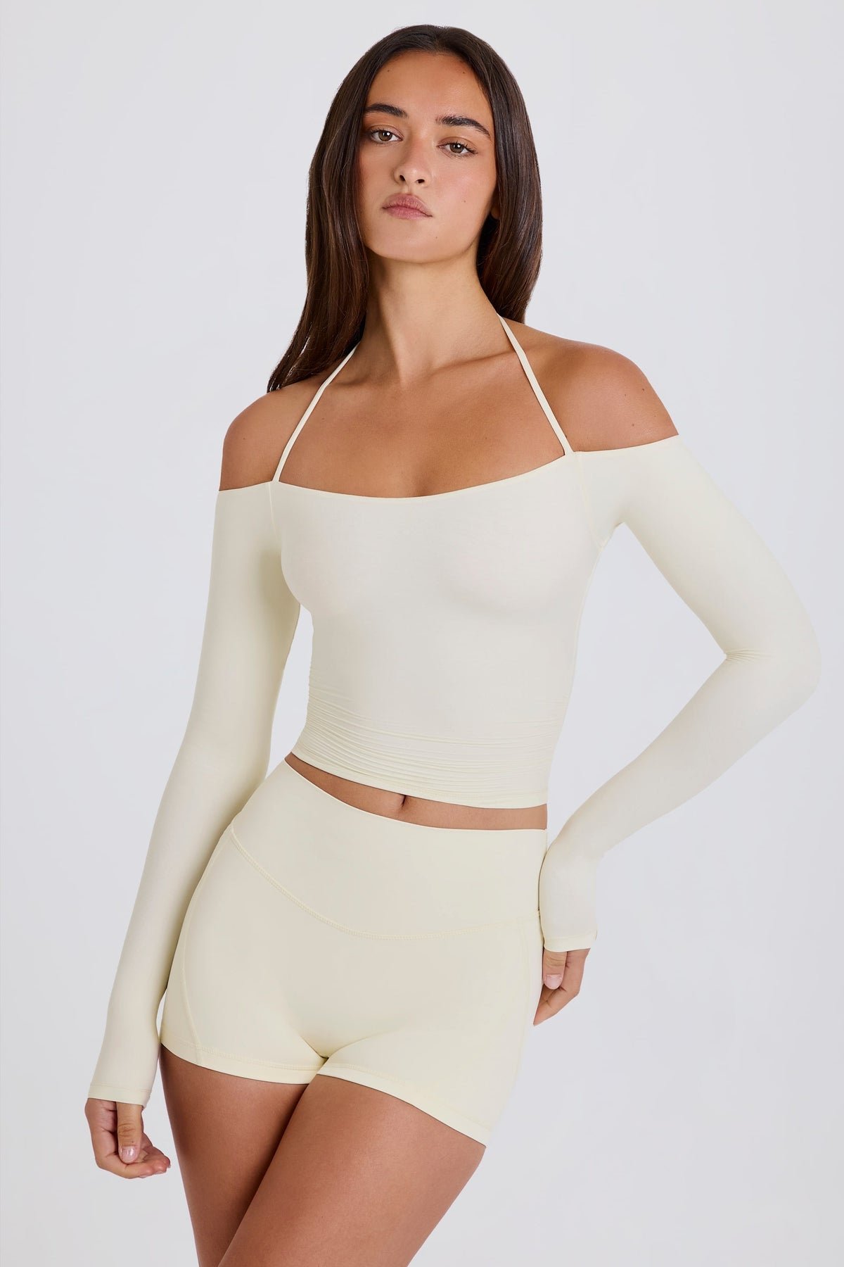 Soft Jersey Off-Shoulder Halterneck Longline Top in Cream