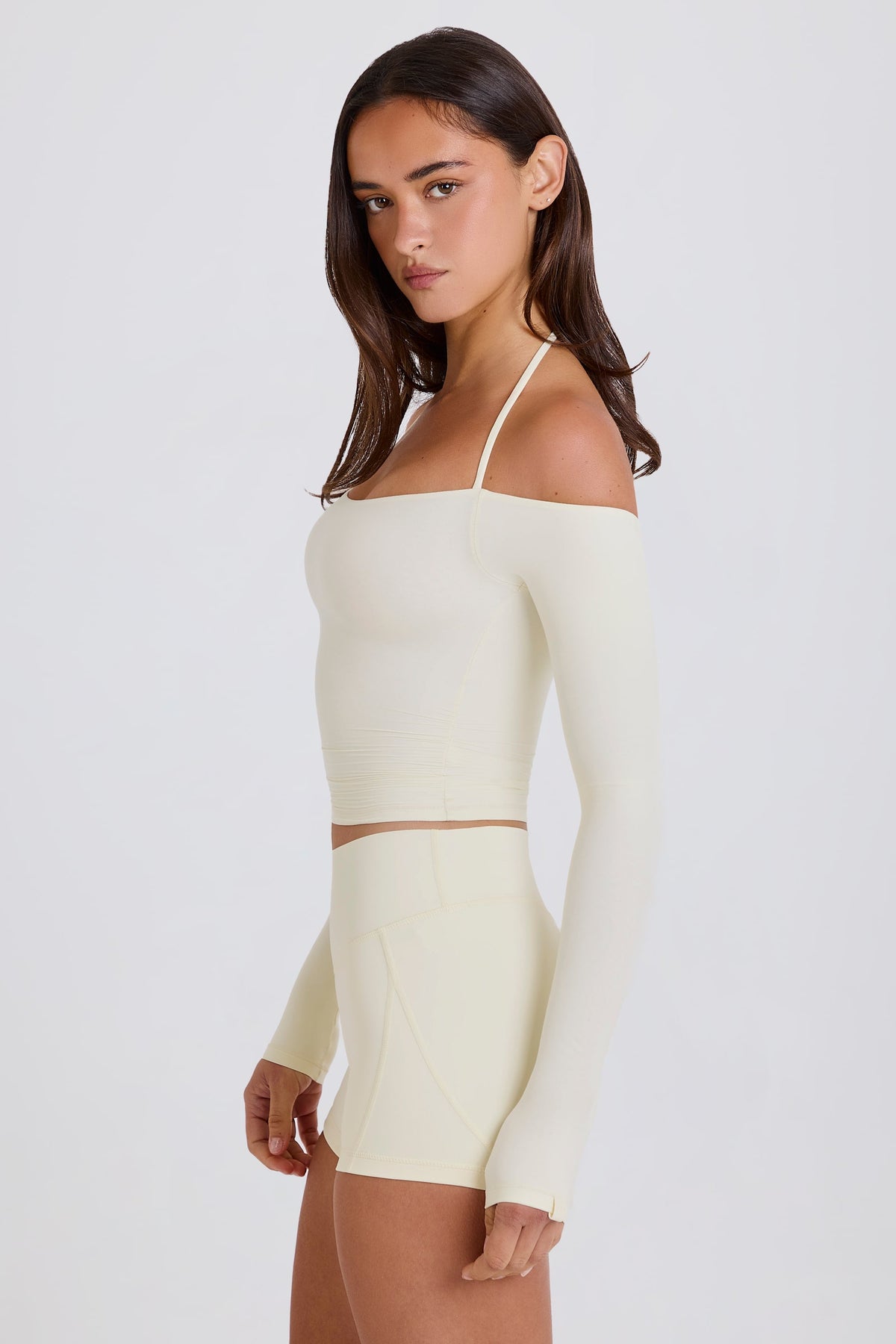 Soft Jersey Off-Shoulder Halterneck Longline Top in Cream