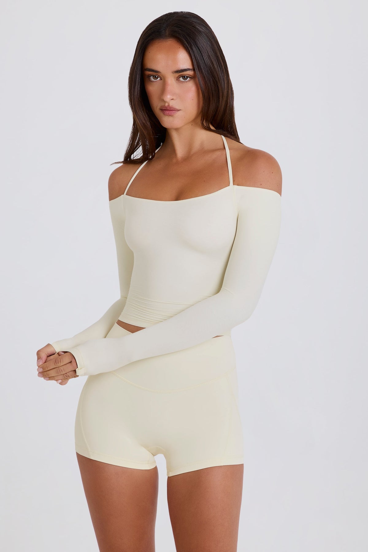Soft Jersey Off-Shoulder Halterneck Longline Top in Cream