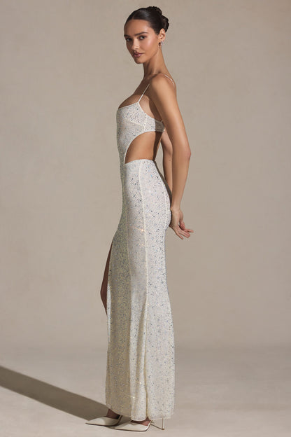 Embellished Cut-Out Fishtail Maxi Dress in White