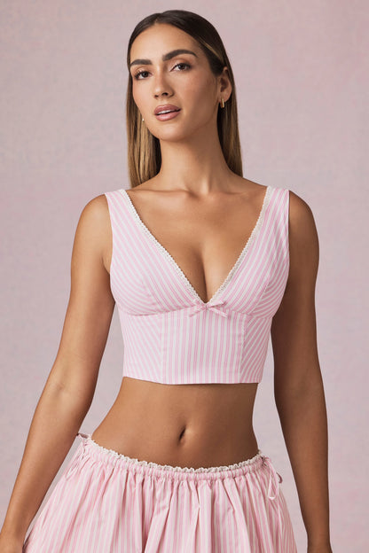 Bow-Detail Crop Top in Soft Mauve Stripe