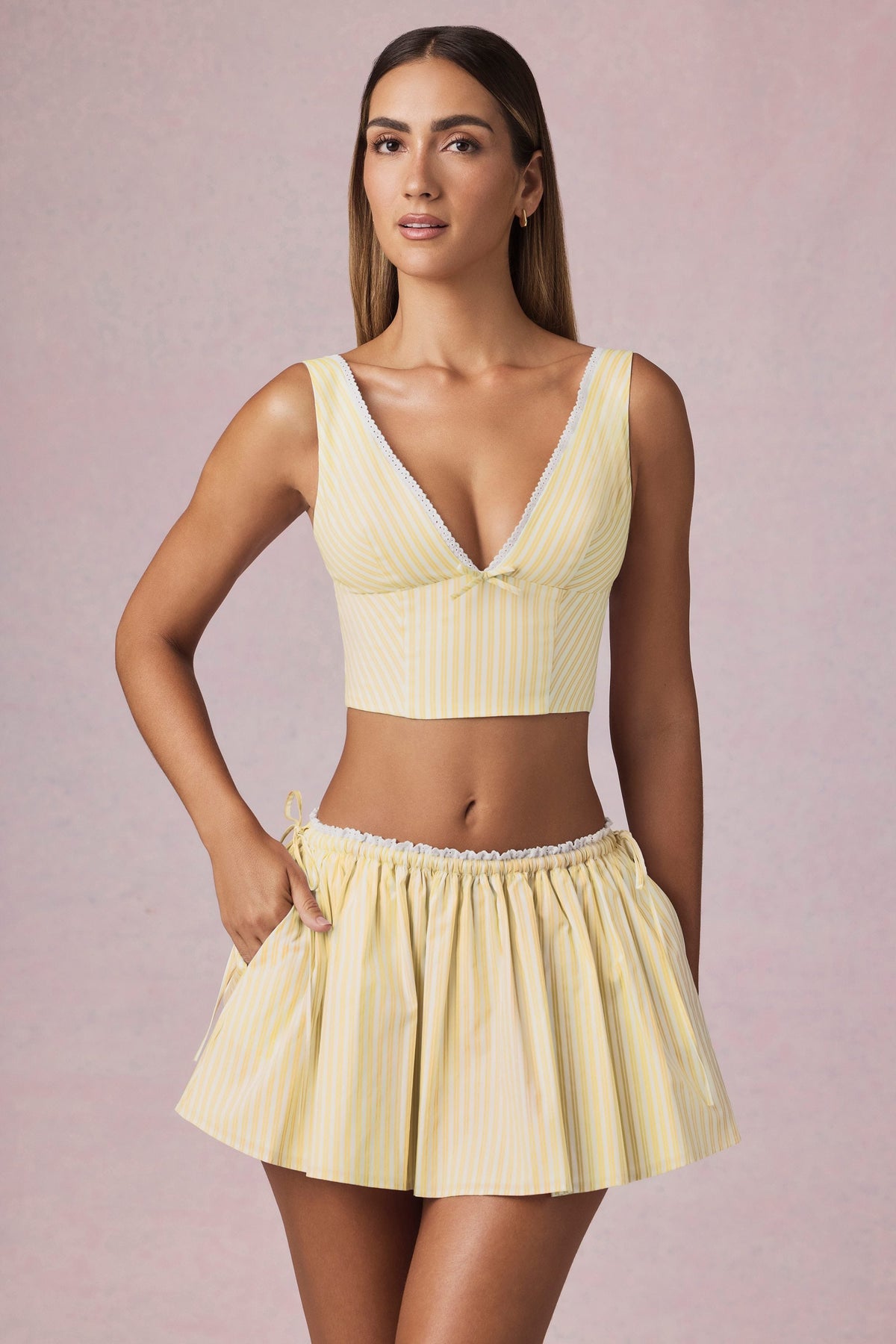Ruched Drawstring Mini Skirt in Lemon Yellow Stripe