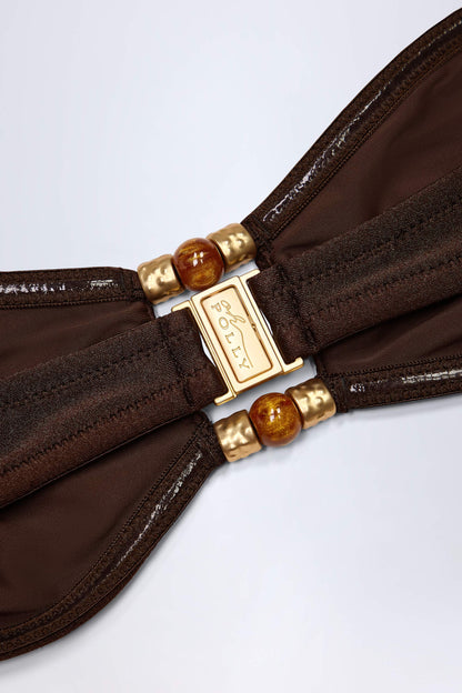 Bead-Embellished Bandeau Bikini Top in Dark Chocolate