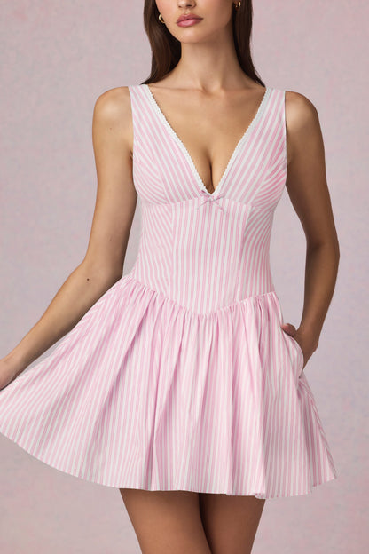 Bow-Detail A-Line Mini Dress in Soft Mauve Stripe