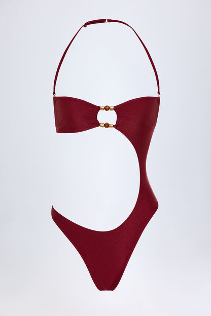 Bead-Embellished Cut-Out Bandeau Swimsuit in Dark Cherry