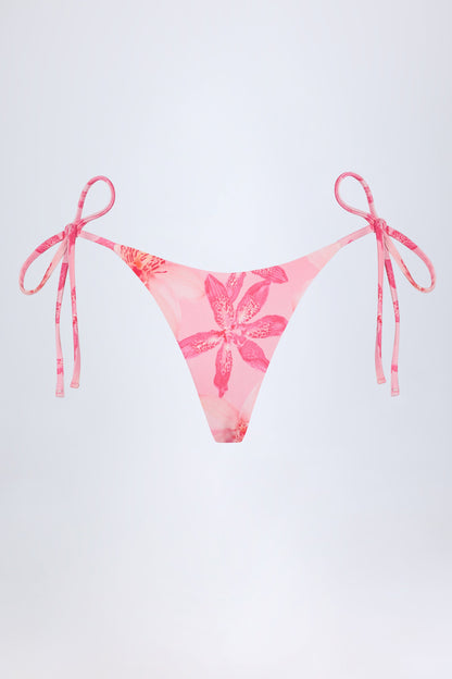 Side-Tie Thong Bikini Bottoms in Pink Orchid Print