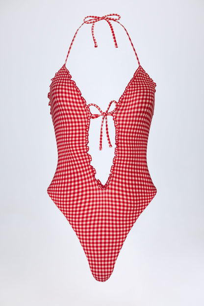 Ruffled Cut-Out Halterneck Swimsuit in Red Gingham