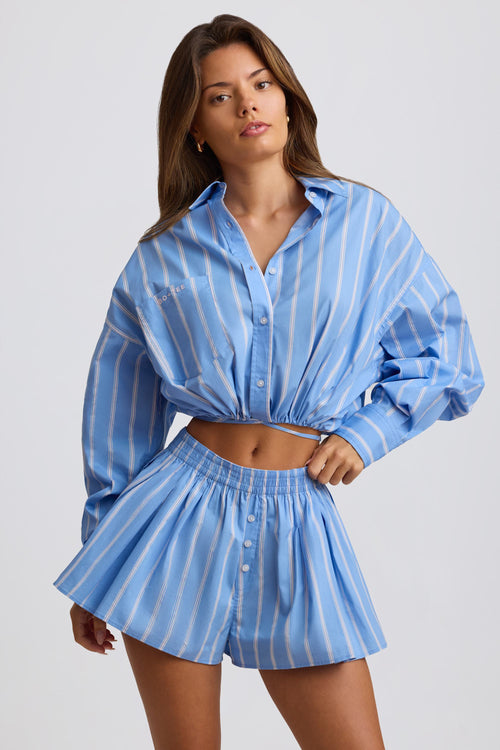 Cotton Poplin Stripe Multiway Cropped Shirt in Blue Stripe