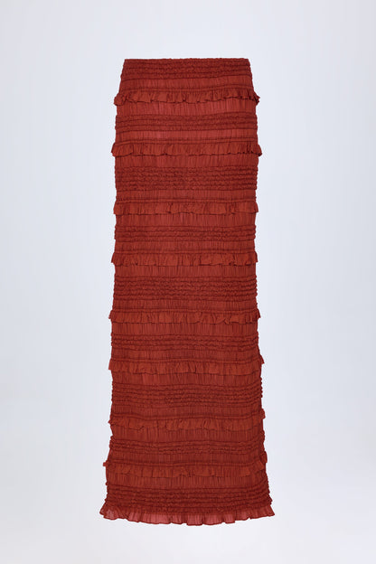 Ruffled Mid-Rise Maxi Skirt in Burnt Red