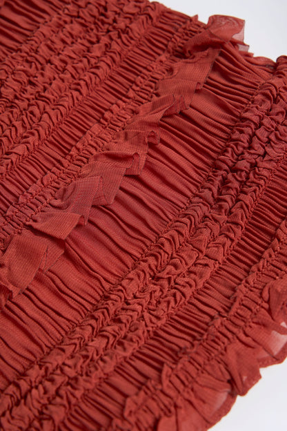 Ruffled High-Neck Backless Top in Burnt Red
