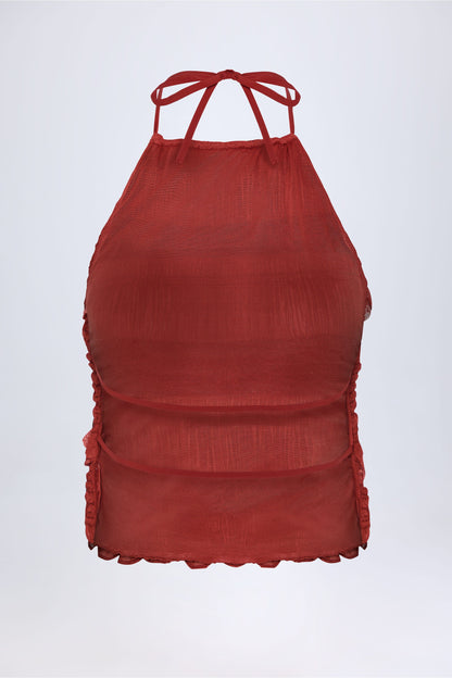 Ruffled High-Neck Backless Top in Burnt Red