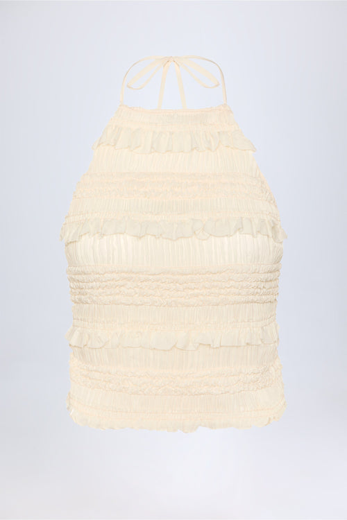 Ruffled High-Neck Backless Top in Ivory
