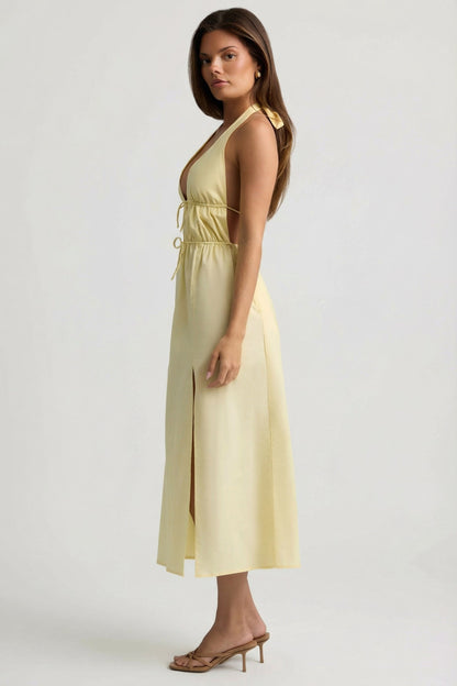 Backless Cotton-Poplin Midaxi Dress in Lemon Yellow
