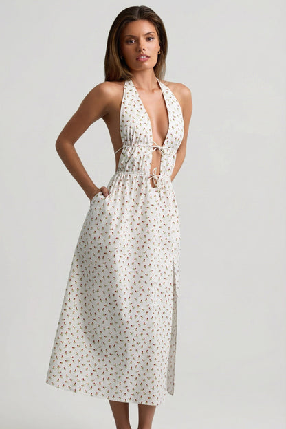Backless Cotton-Poplin Midaxi Dress in Rose Print