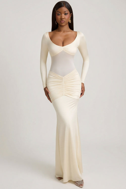 Bow-Detail Ruched Maxi Dress in Ivory
