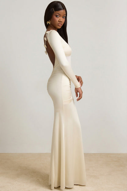 Bow-Detail Ruched Maxi Dress in Ivory