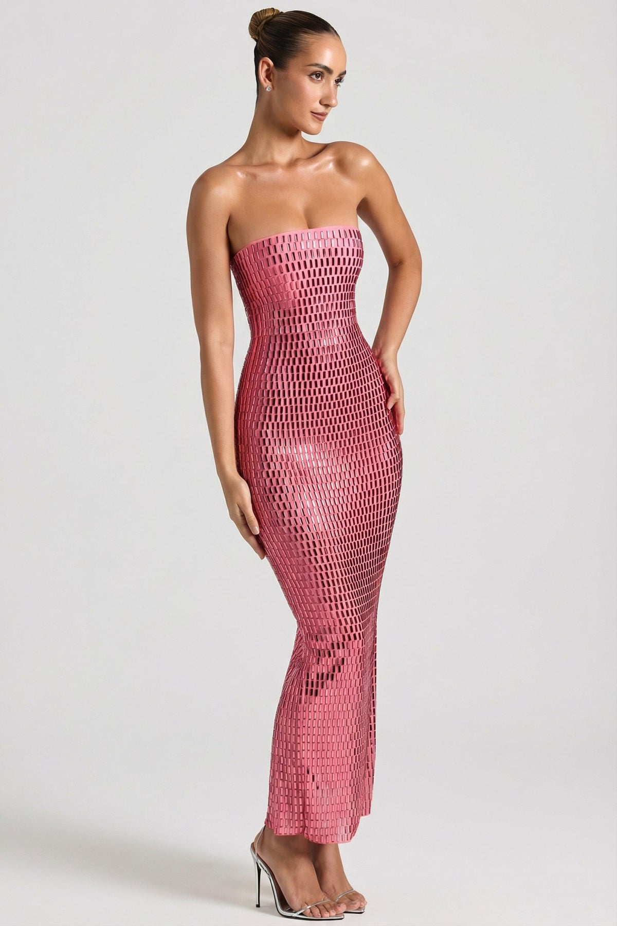 Embellished Strapless Bandeau Maxi Dress in Watermelon