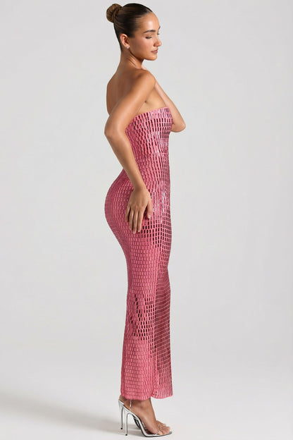 Embellished Strapless Bandeau Maxi Dress in Watermelon