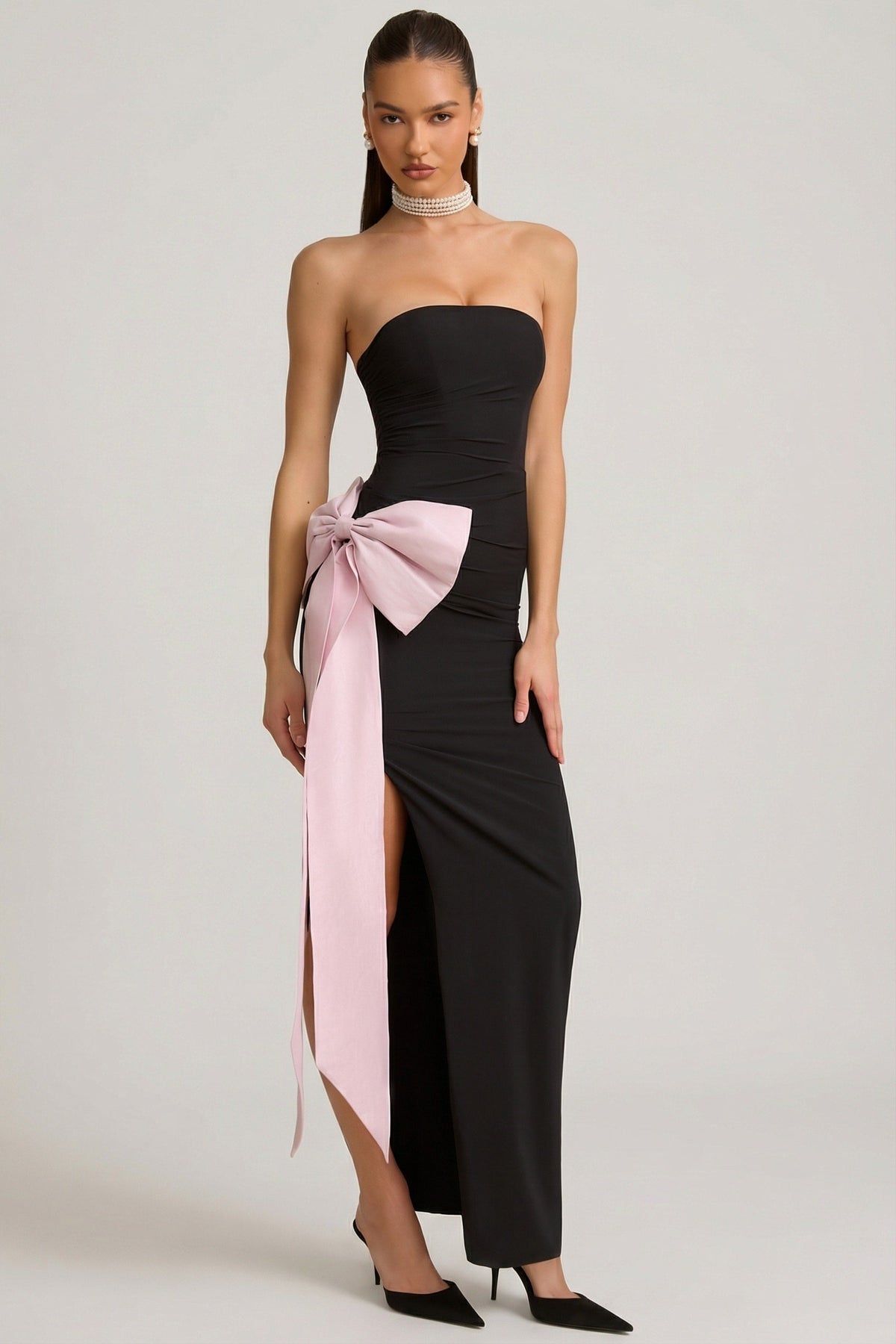 Strapless Bow-Detail Maxi Dress in Black