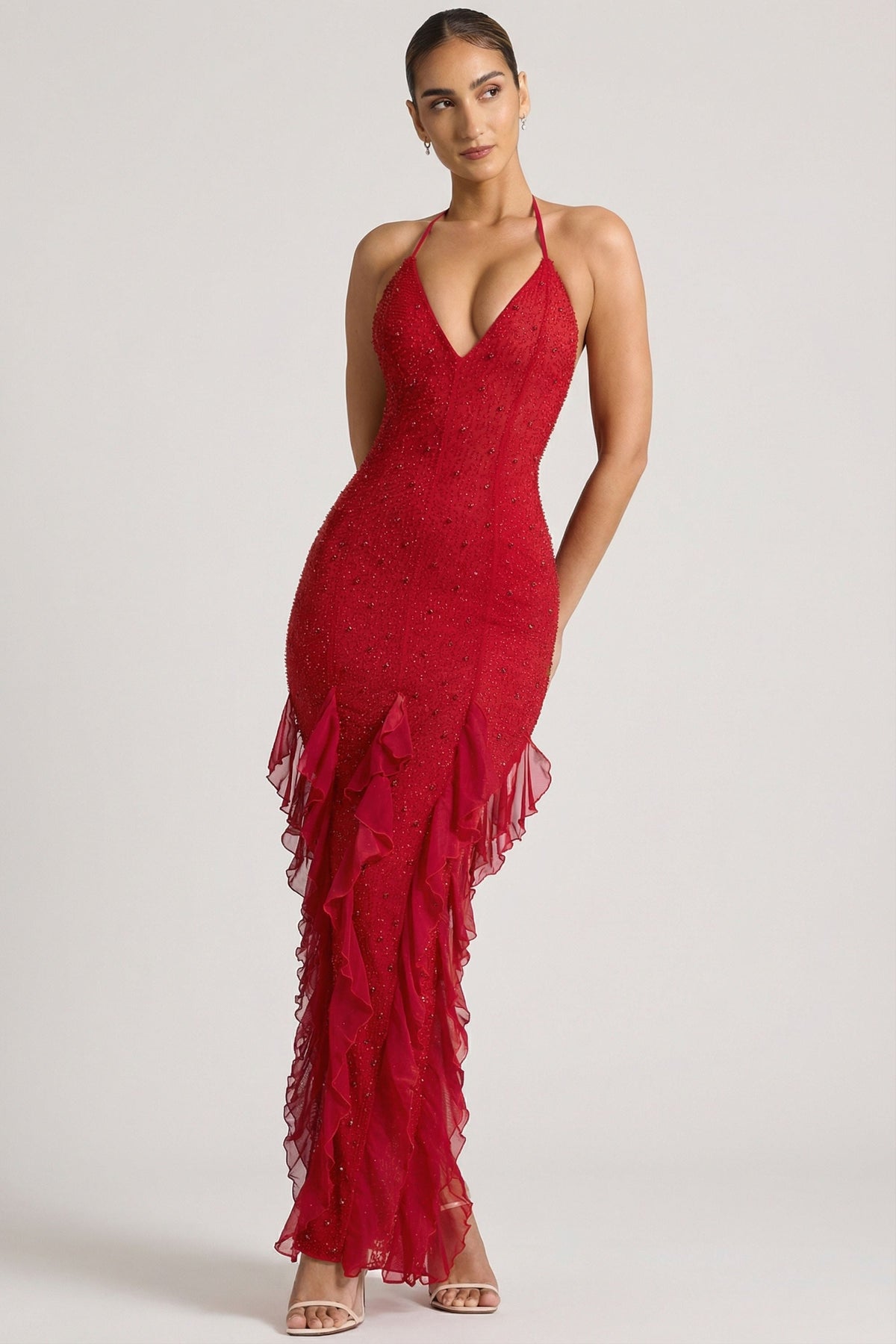 Embellished Halter Neck Ruffle Maxi Dress in Red