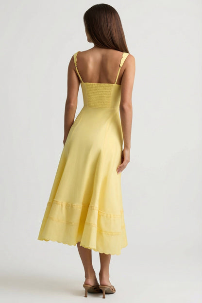 Cotton-Poplin A-Line Midaxi Dress in Pastel Yellow