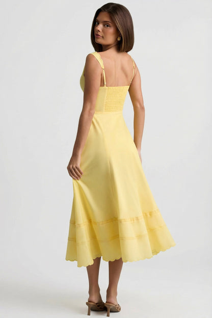 Cotton-Poplin A-Line Midaxi Dress in Pastel Yellow