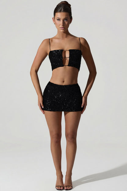 Embellished Cut-Out Crop Top in Black