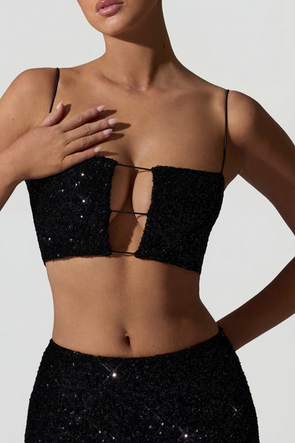 Embellished Cut-Out Crop Top in Black