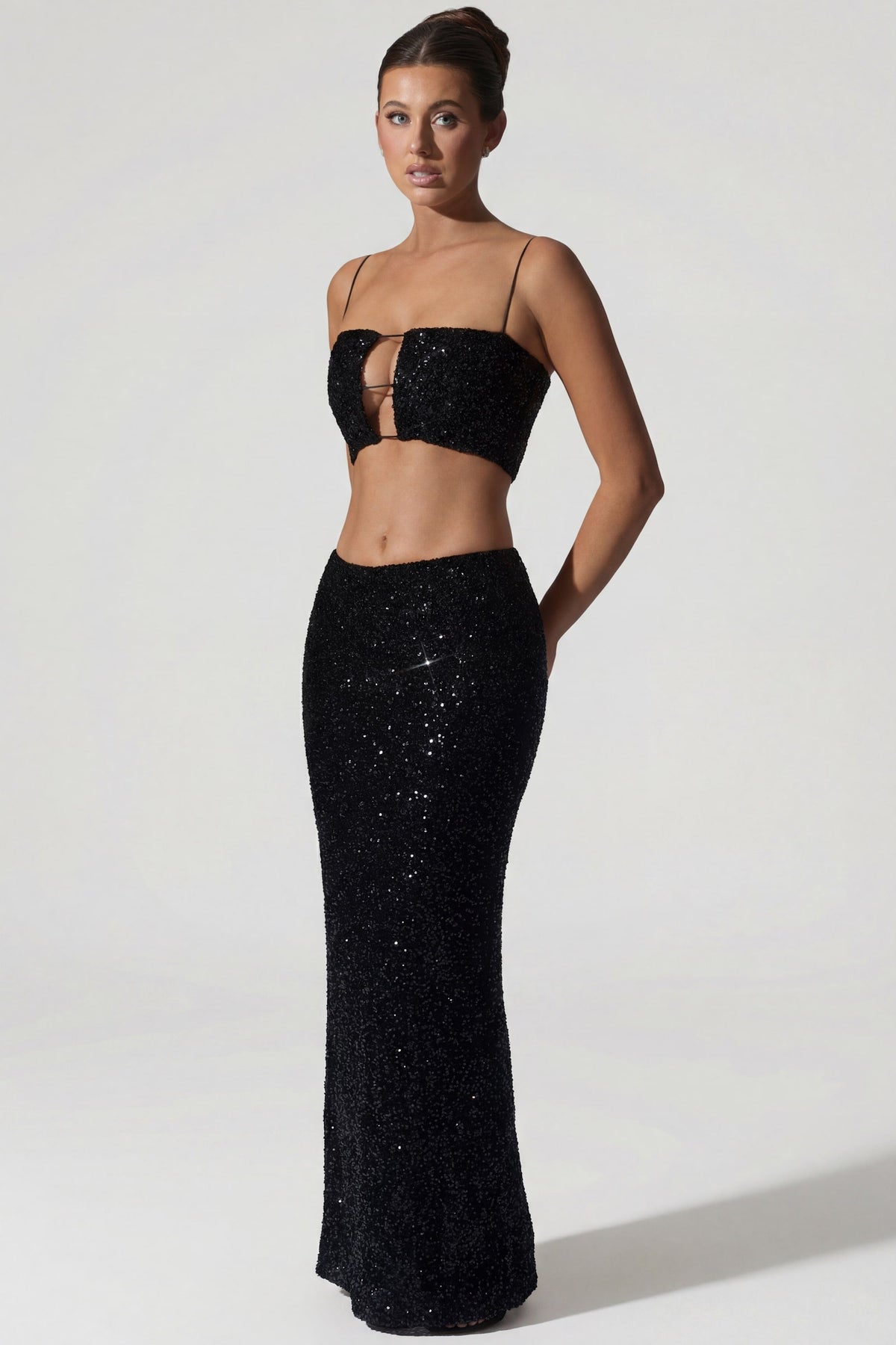 Embellished Cut-Out Crop Top in Black