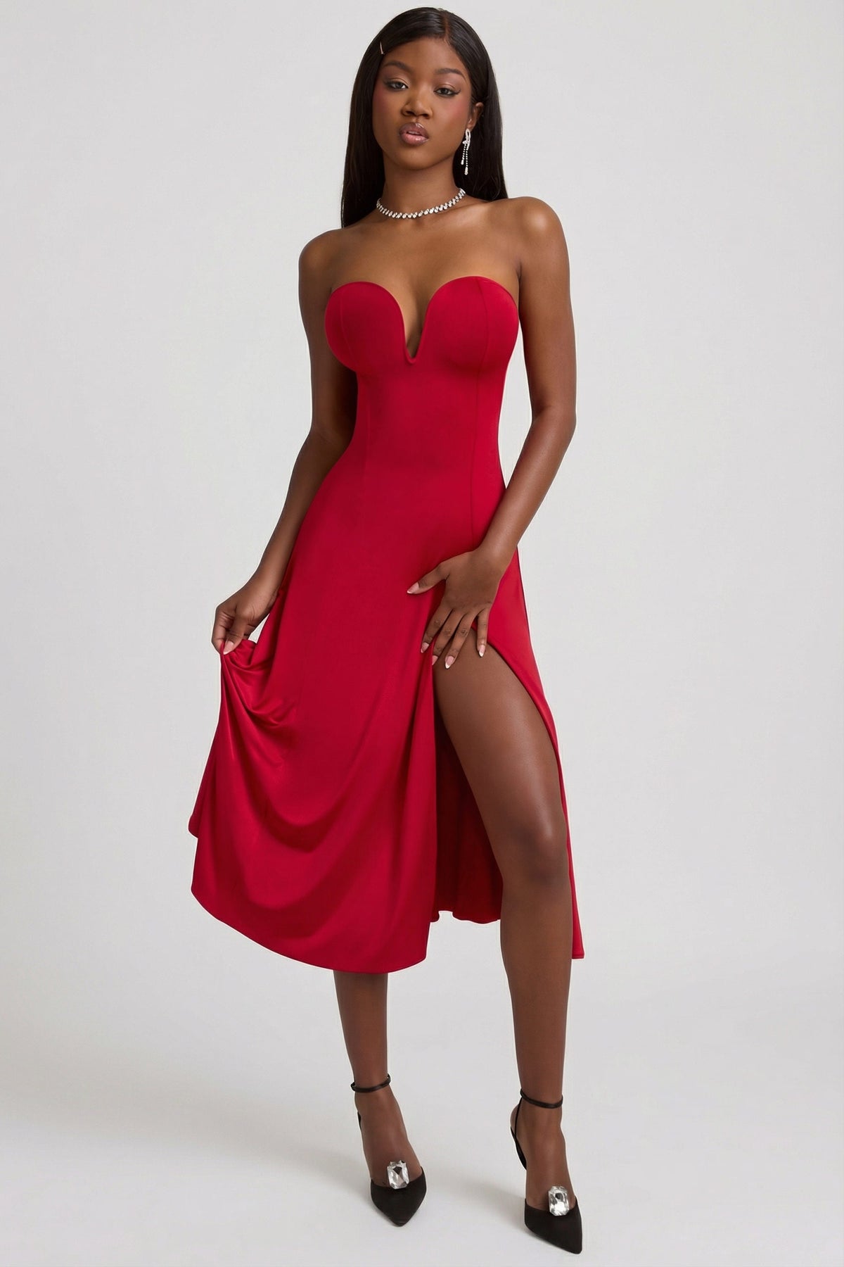 Slinky Jersey Strapless A-Line Midaxi Dress in True Red