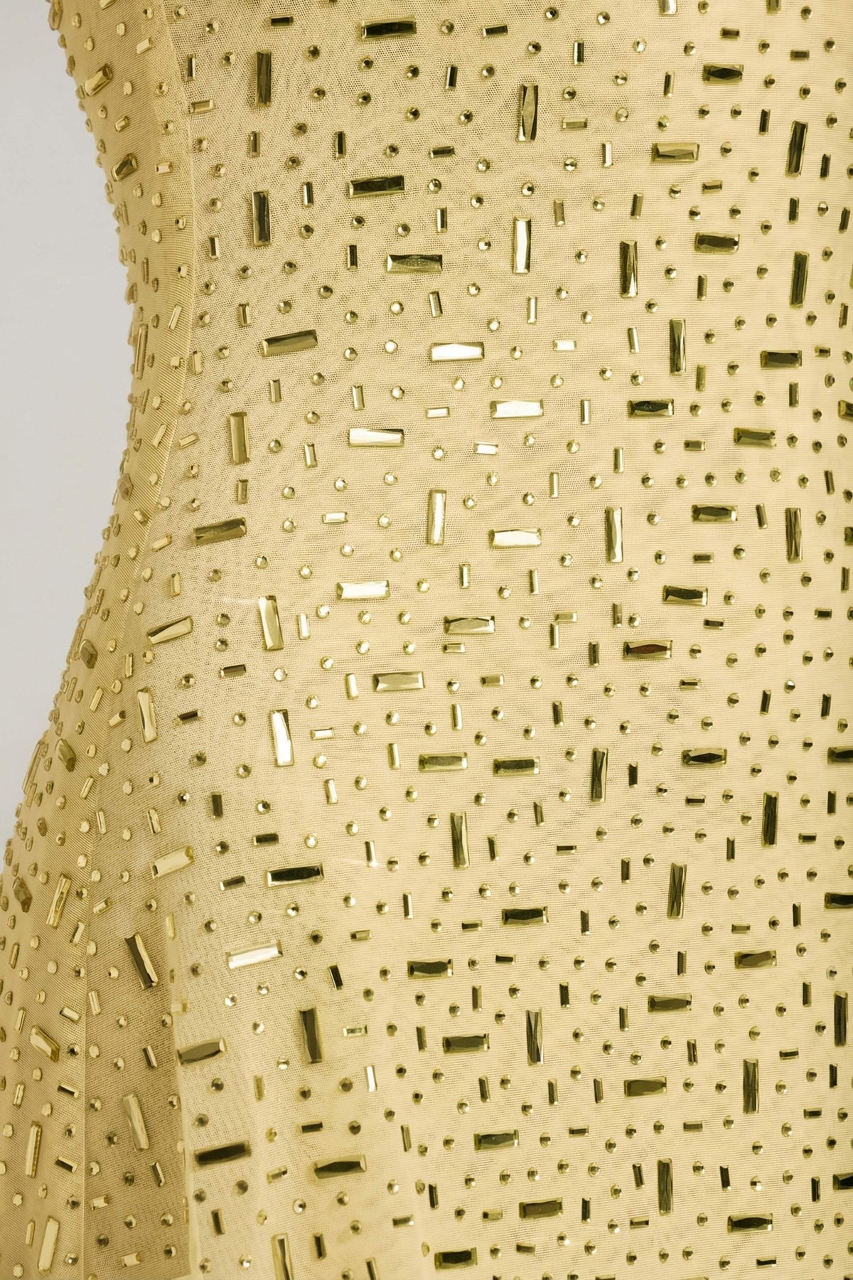 Sheer Embellished Square-Neck Mini Dress in Yellow