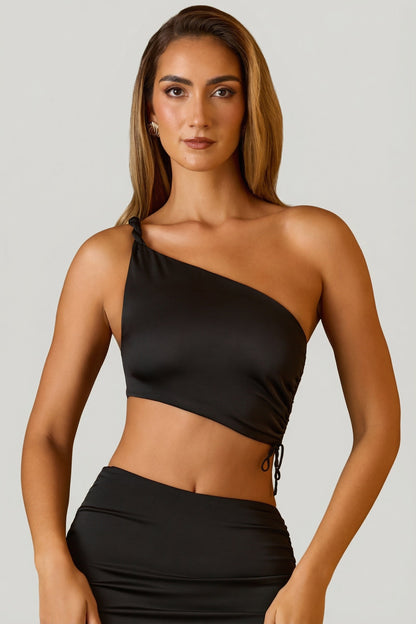 Ruched Asymmetric Crop Top in Black