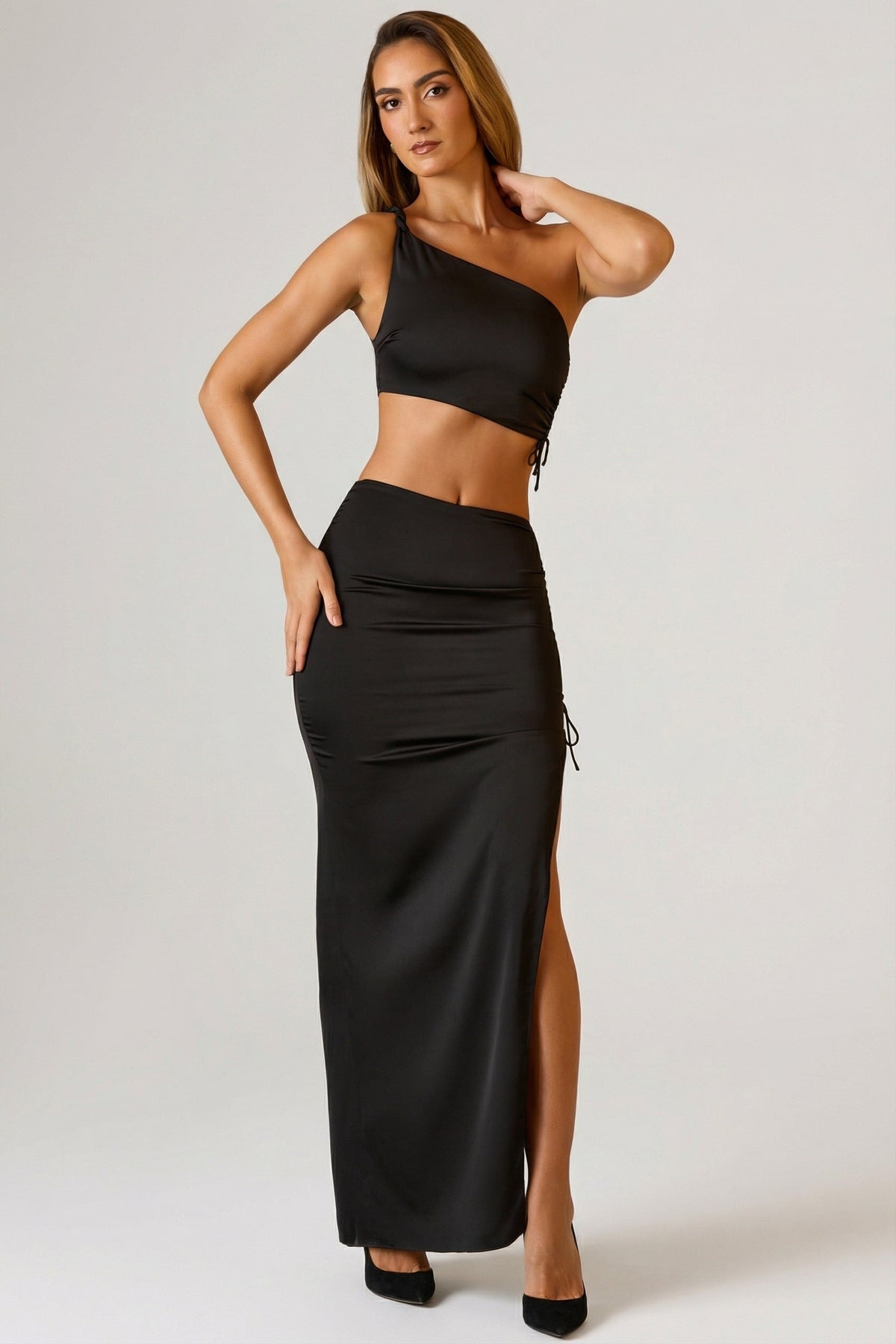 Ruched Asymmetric Crop Top in Black