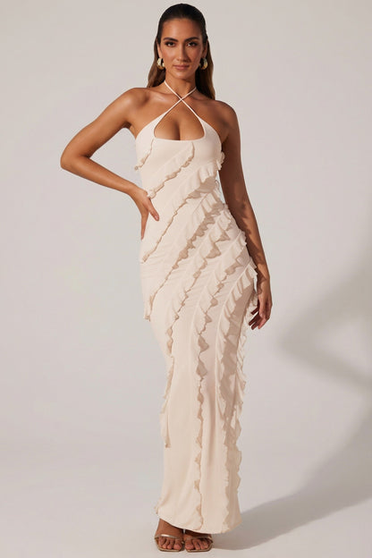 Cross Strap Ruffle Floor Length Dress in Ivory