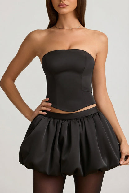 Bubble Hem Mid-Rise Mini Skirt in Black
