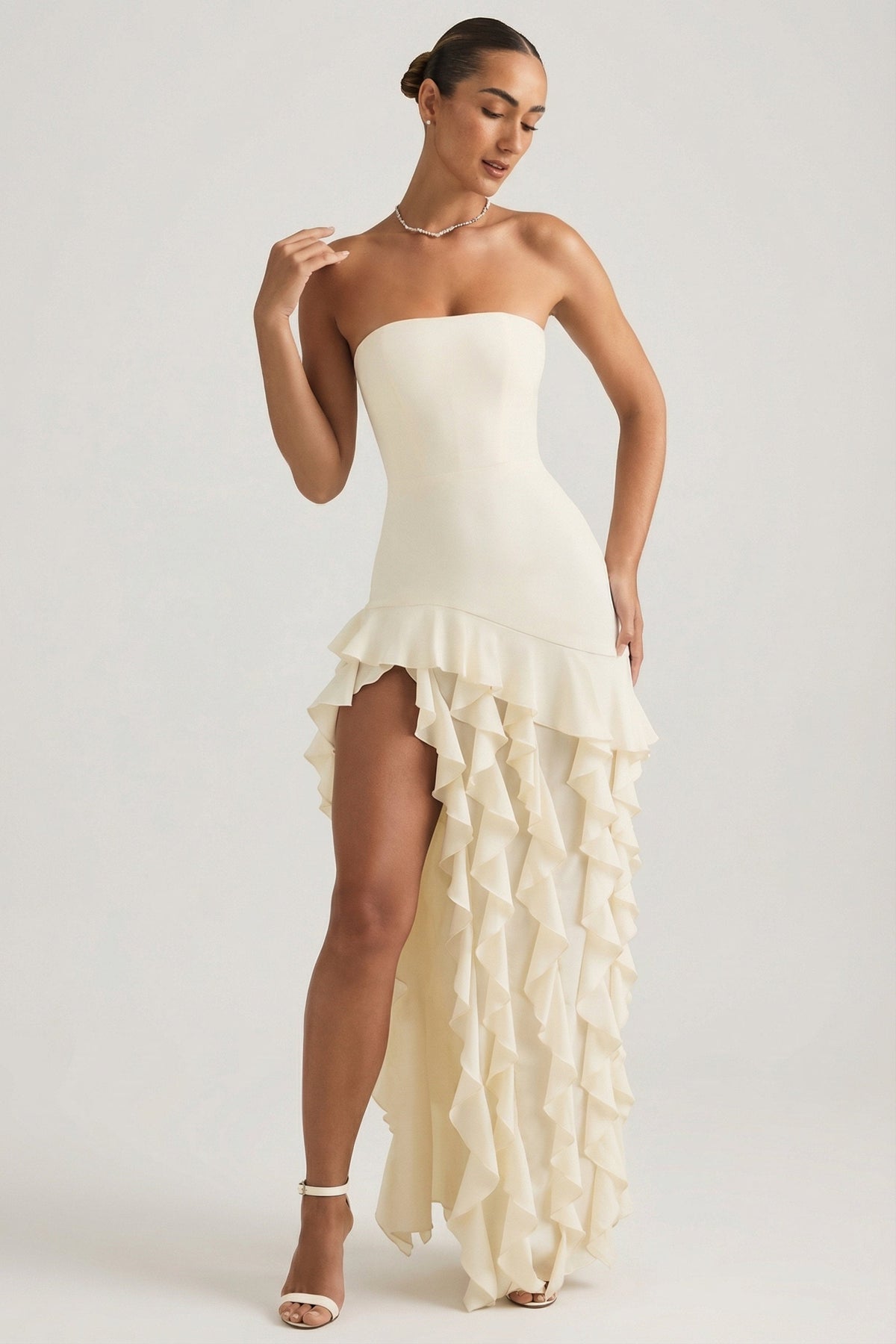Ruffle-Trim Strapless Gown in Ivory