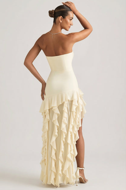 Ruffle-Trim Strapless Gown in Ivory