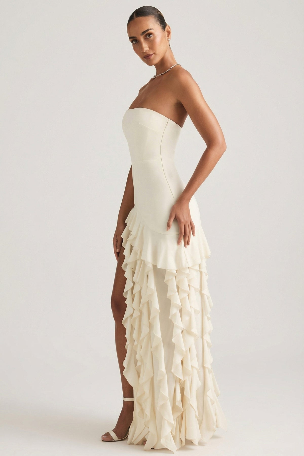 Ruffle-Trim Strapless Gown in Ivory