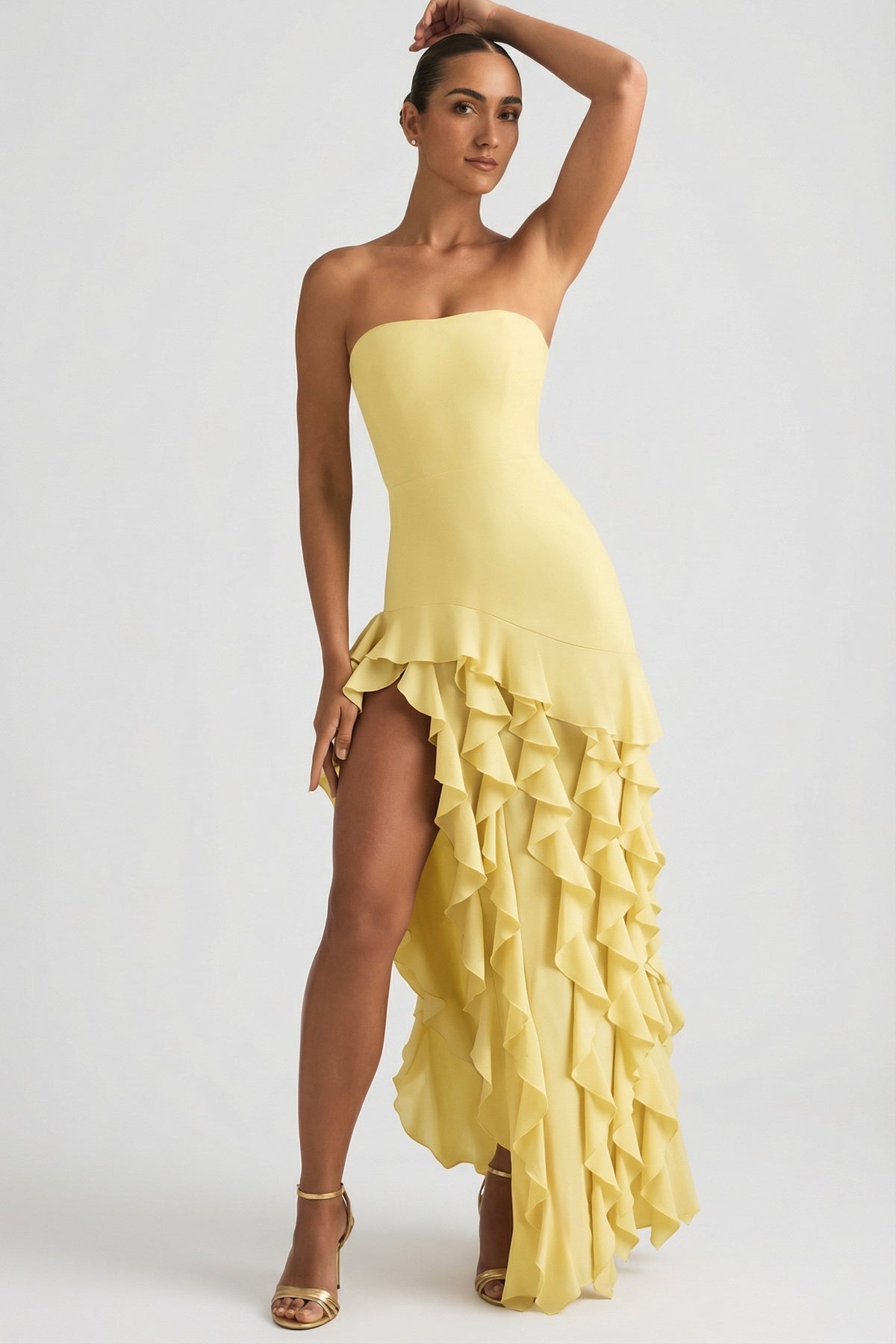 Ruffle-Trim Strapless Gown in Pastel Yellow