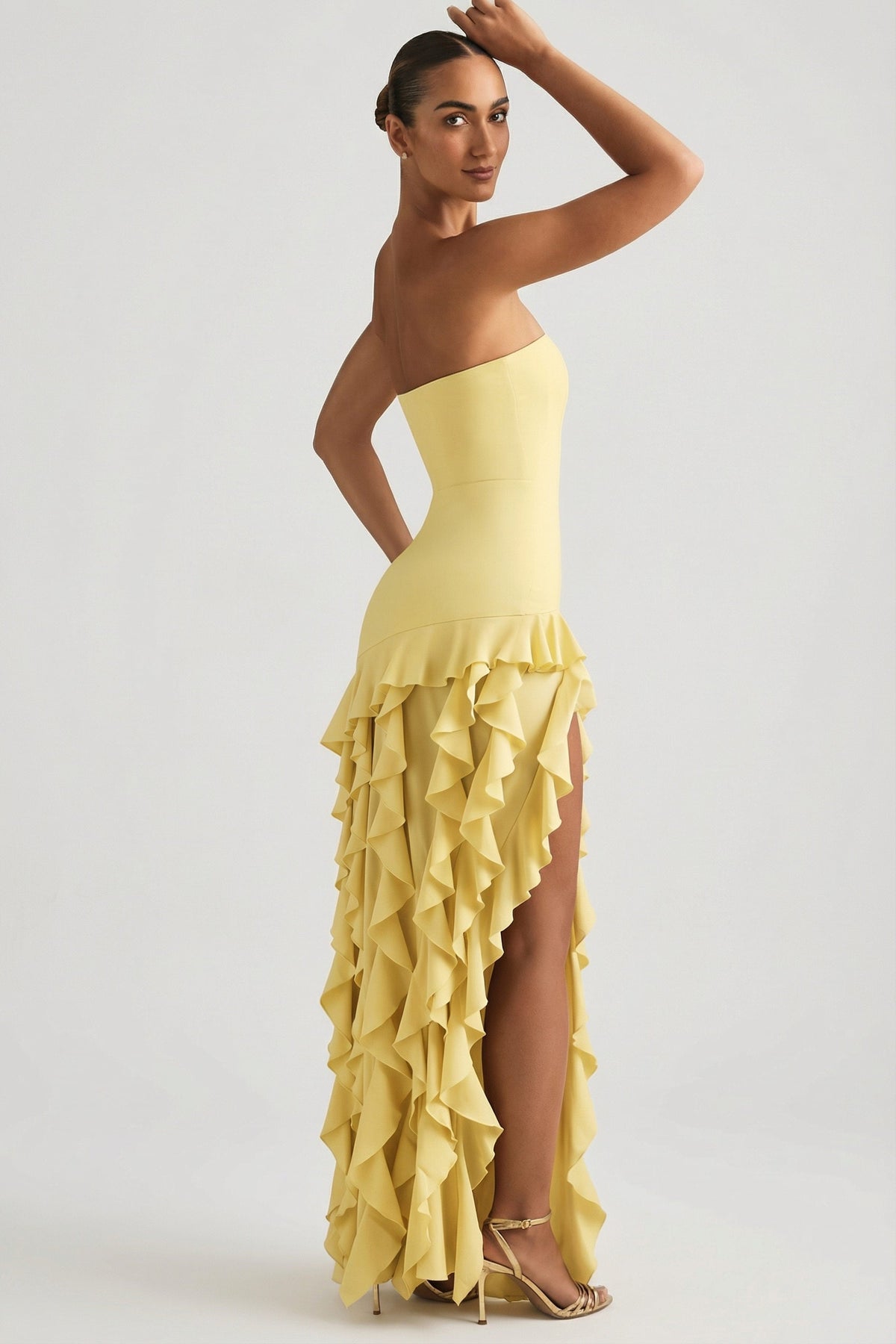 Ruffle-Trim Strapless Gown in Pastel Yellow